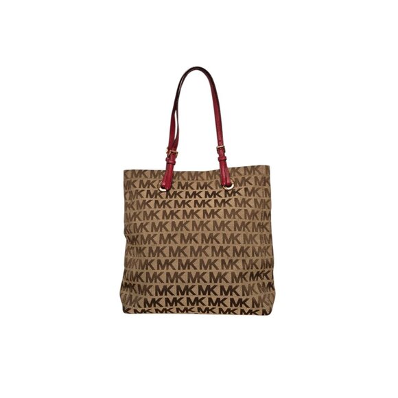 Michael Kors Jet Set Tote Bag MK Signature Jacquard Logo Medium Red Double Strap - Picture 1 of 9